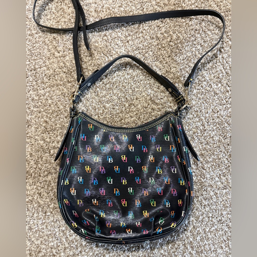 Dooney & Bourke Black Leather Shoulder Bag with Multicolor DB Logos - Picture 3 of 9